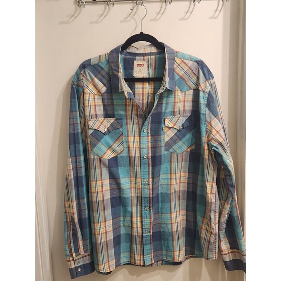 Levi's Men's XXL Western Pearl‎ Snap Blue Plaid Long Sleeve Shirt - Picture 1 of 9